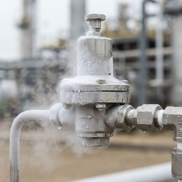 condensation and frost forming on a stainless steel pressure regulator valve, illustrating the Joule-Thomson cooling effect during high-pressure gas sampling