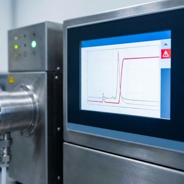 an analytical instrument's display screen showing a red graph spiking to a saturation point with a warning icon