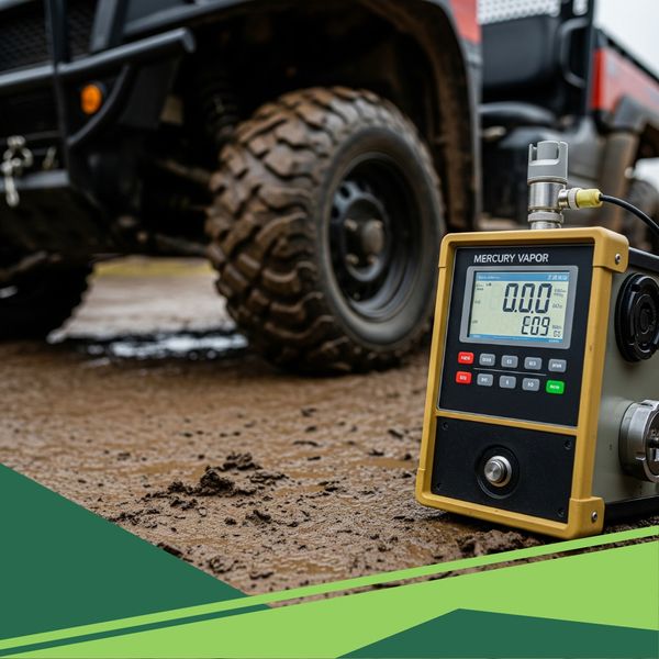 mercury vapor analyzer placed on wet, muddy ground next to a utility vehicle