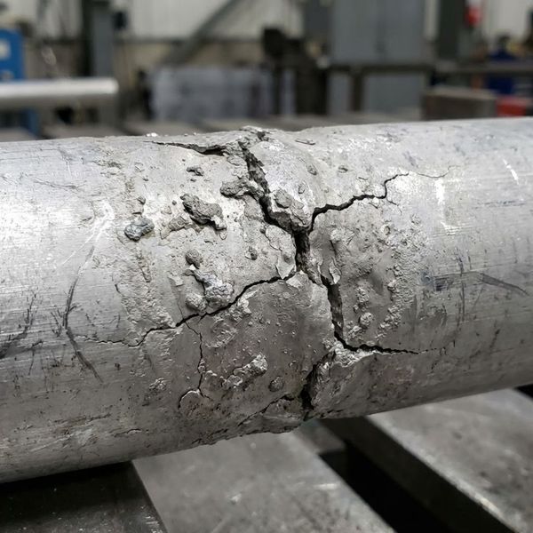 a section of aluminum industrial piping that has suffered severe corrosion and cracking, with brittle, flaking metal visible
