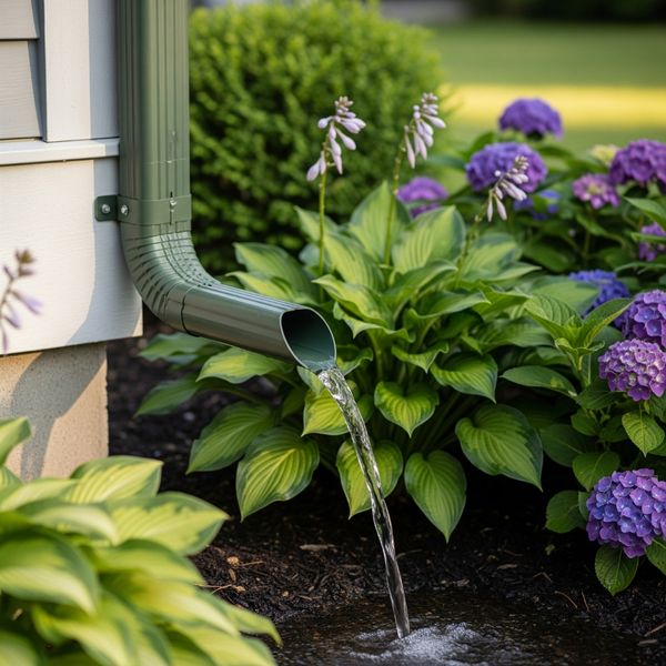 A downspout directs water away from a house
