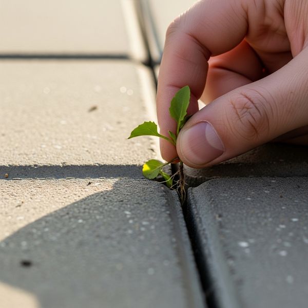 A hand carefully removes a small weed growing between gray pavers.