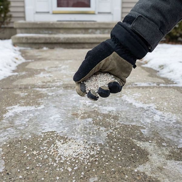 A gloved hand spreading rock salt on an icy concrete walkway to prevent slipping. A gloved hand spreading rock salt on an icy concrete walkway to prevent slipping.