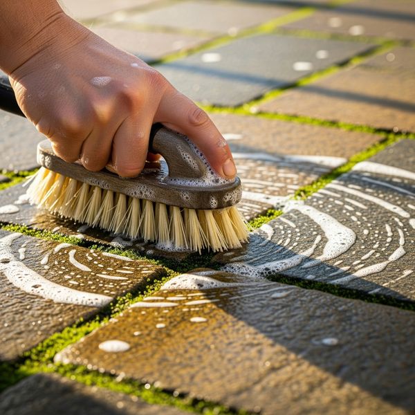 A person's hands are shown scrubbing a stone patio with a cleaning brush.