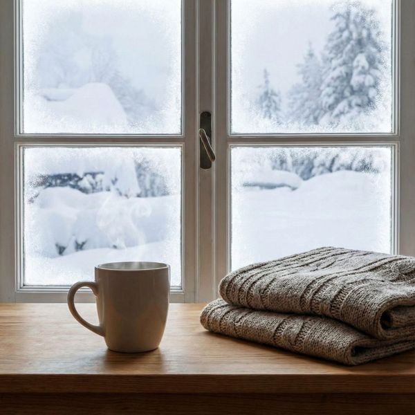 A cozy indoor scene with a steaming mug and a knitted blanket looking out a frost-framed window at a snowy landscape. A cozy indoor scene with a steaming mug and a knitted blanket looking out a frost-framed window at a snowy landscape.