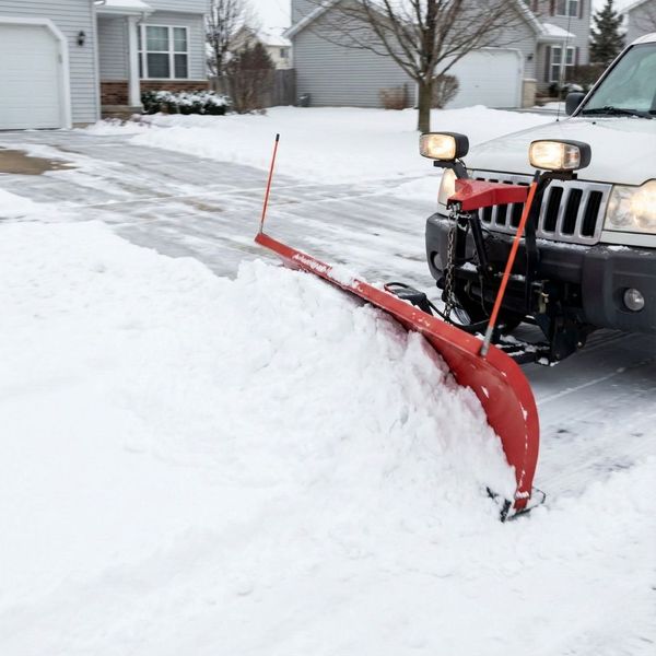 A truck with a red snow plow pushing a large pile of snow off a residential driveway. A truck with a red snow plow pushing a large pile of snow off a residential driveway.