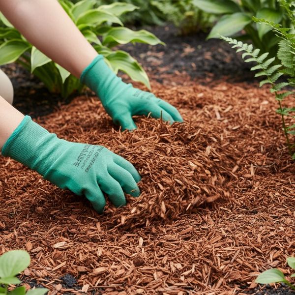 Hands spreading fresh brown mulch in a garden bed. Hands spreading fresh brown mulch in a garden bed.