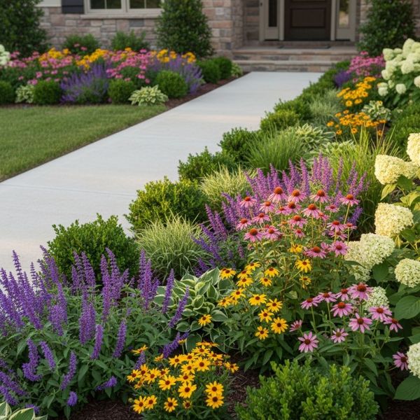 Colorful mixed perennial garden next to a paved front walkway. Colorful mixed perennial garden next to a paved front walkway.