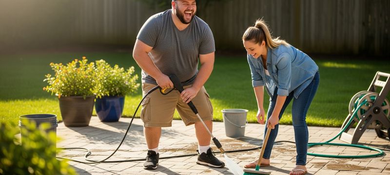 Couple laughing and cleaning their patio