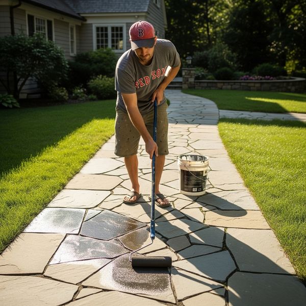 A person is applying a protective sealant to a stone walkway using a roller.