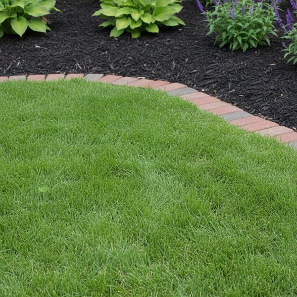 Sharp landscape edging separating lawn grass from a dark mulched garden bed. Sharp landscape edging separating lawn grass from a dark mulched garden bed.