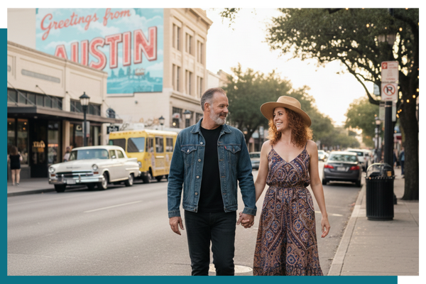 husband and wife walking the streets of austin