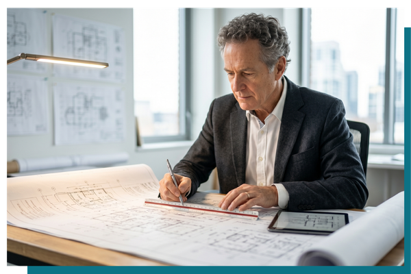 an architect meticulously reviewing a blueprint, visualizing the clarity and precision provided by diagnostic testing.