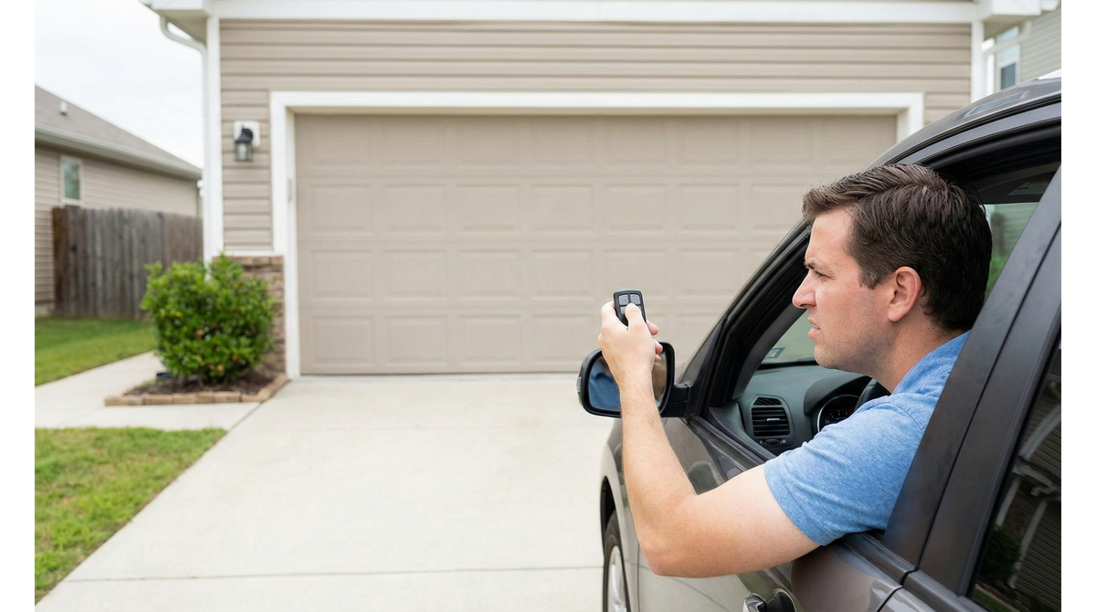 Frustrated homeowner in car trying to use a garage door remote that is not working.