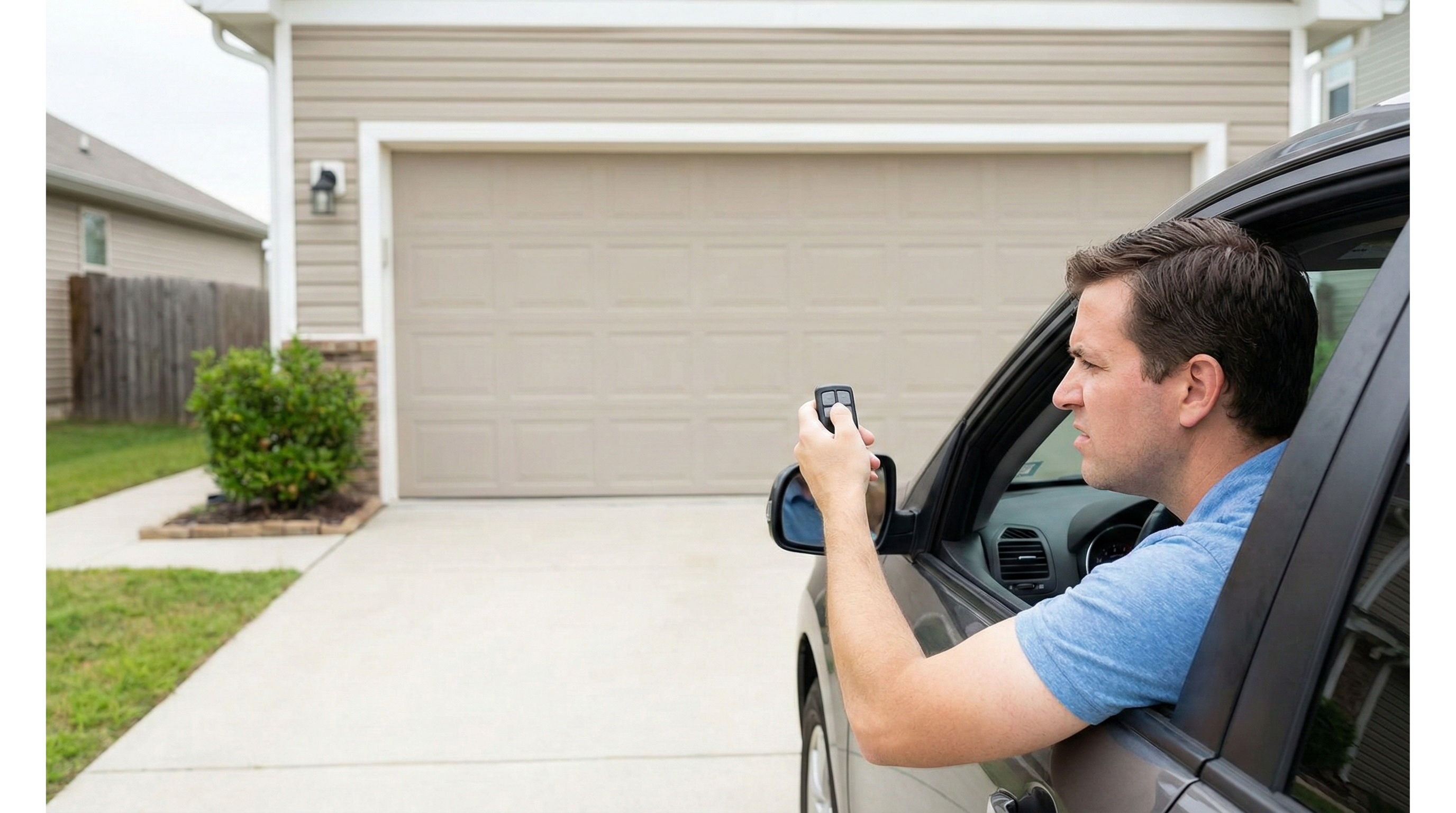 Frustrated homeowner in car trying to use a garage door remote that is not working.