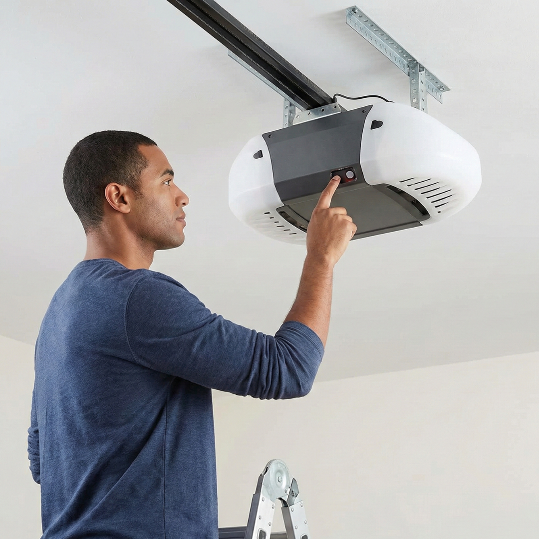  Man on a ladder pressing the learn button on a garage door opener to reprogram a remote.