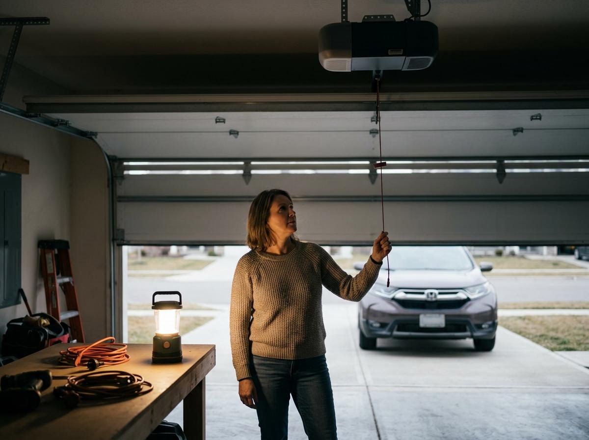 Woman manually opening garage door with pull cord during power outage