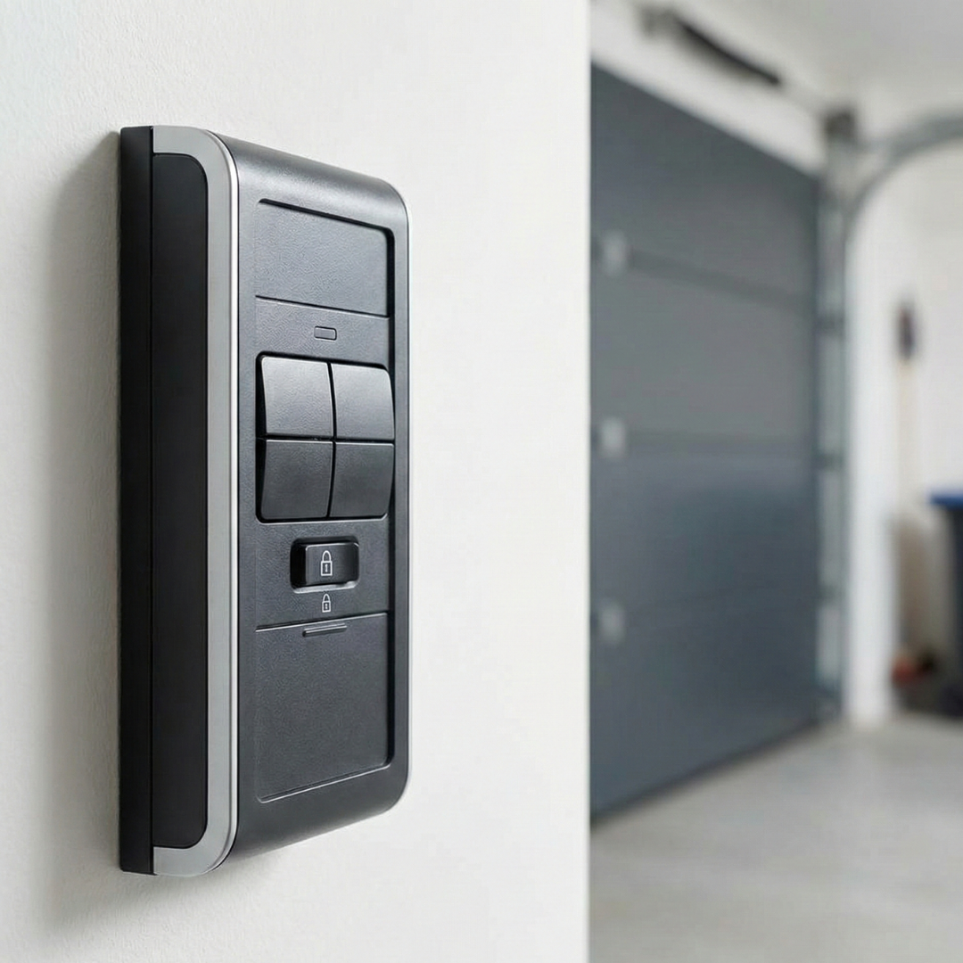 Wall-mounted garage door control panel with a visible lock button engaged.