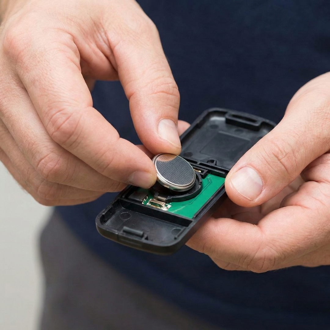 Close-up of hands replacing a coin battery in a garage door remote control.