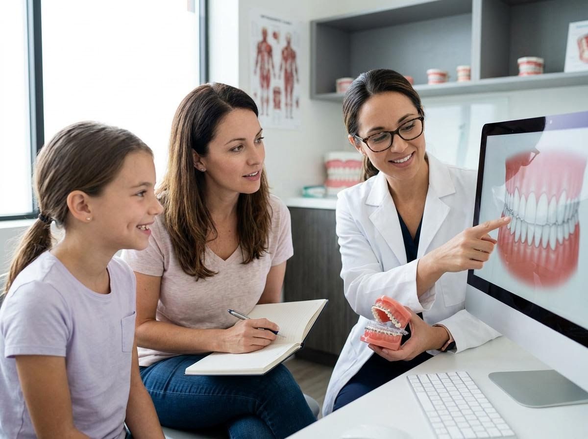 Orthodontist Explains Braces Treatment to Mother and Daughter