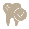 tan icon of a tooth with a sparkle in the left corner, and a circle with a checkmark in the right corner