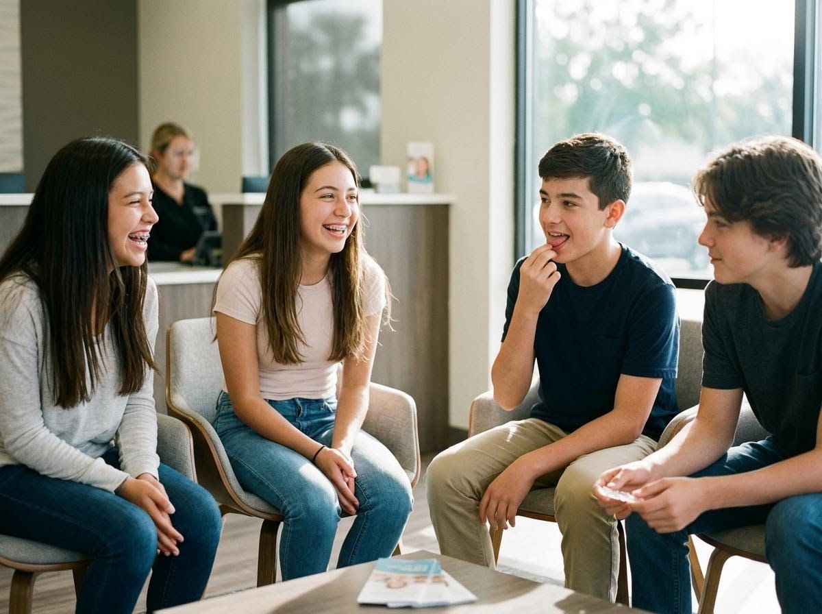 Teenagers laughing in a bright waiting room