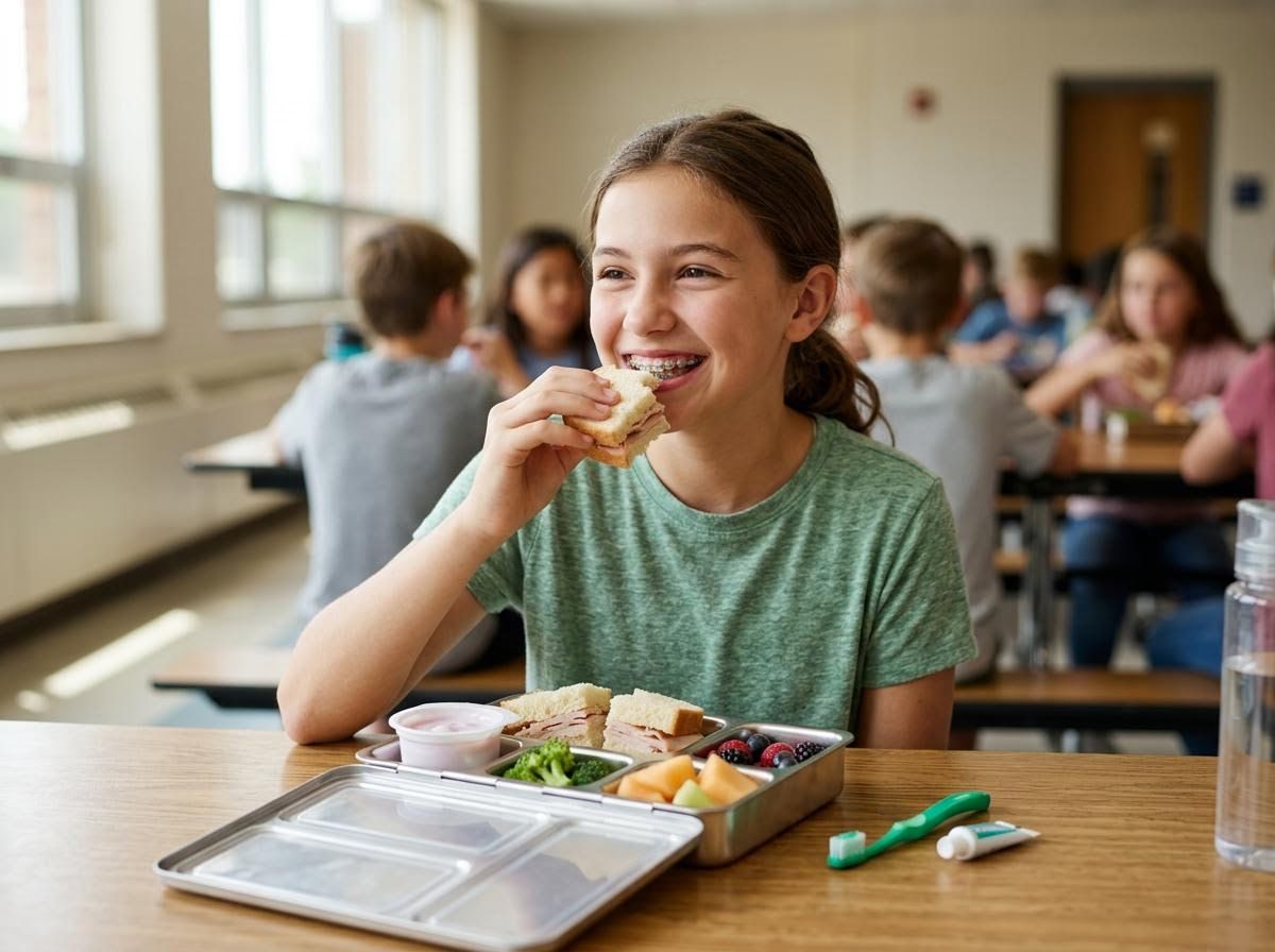 Happy Girl Eating Lunch in School Cafeteria
