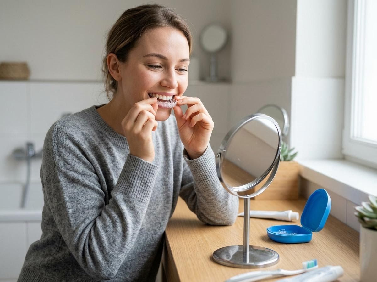 Young woman inserting clear dental aligners