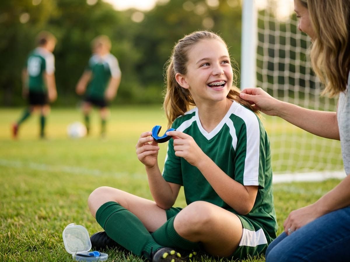 Girl Soccer Player with Mouthguard and Adult
