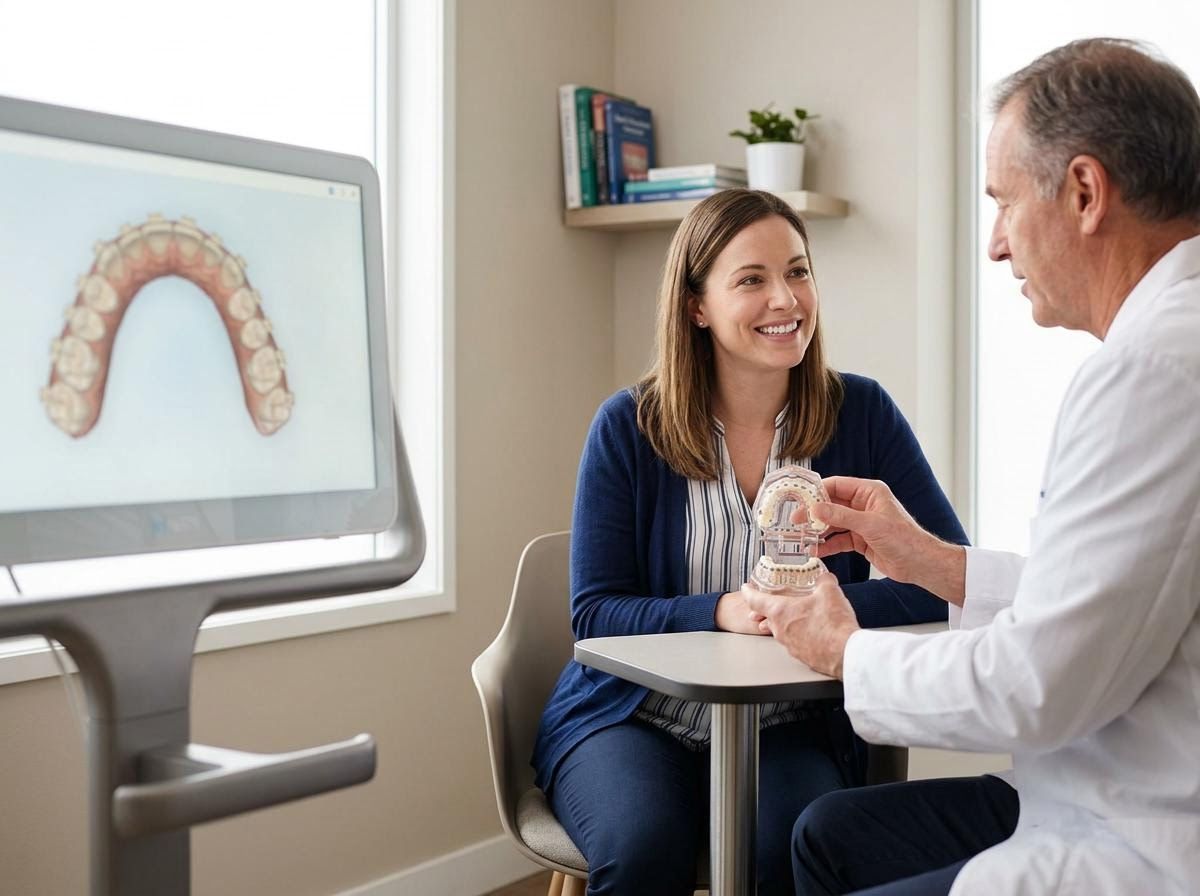 Dentist Explains Treatment to Patient with Digital Scan and Dental Model