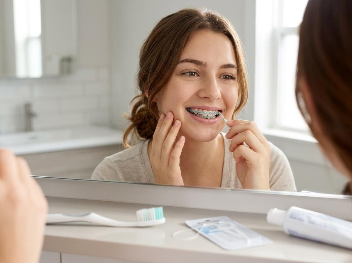 Young woman with braces cleaning her teeth in the mirror