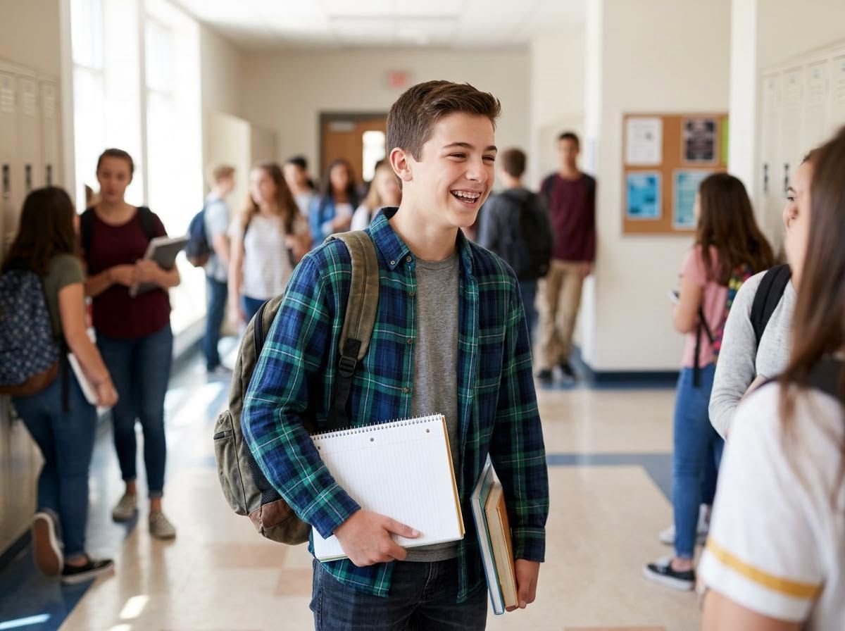 Happy teenage boy with backpack and books in a busy school hallway