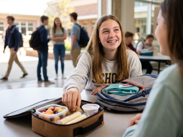 Teenage Girl with Braces Eating Lunch in School Cafeteria