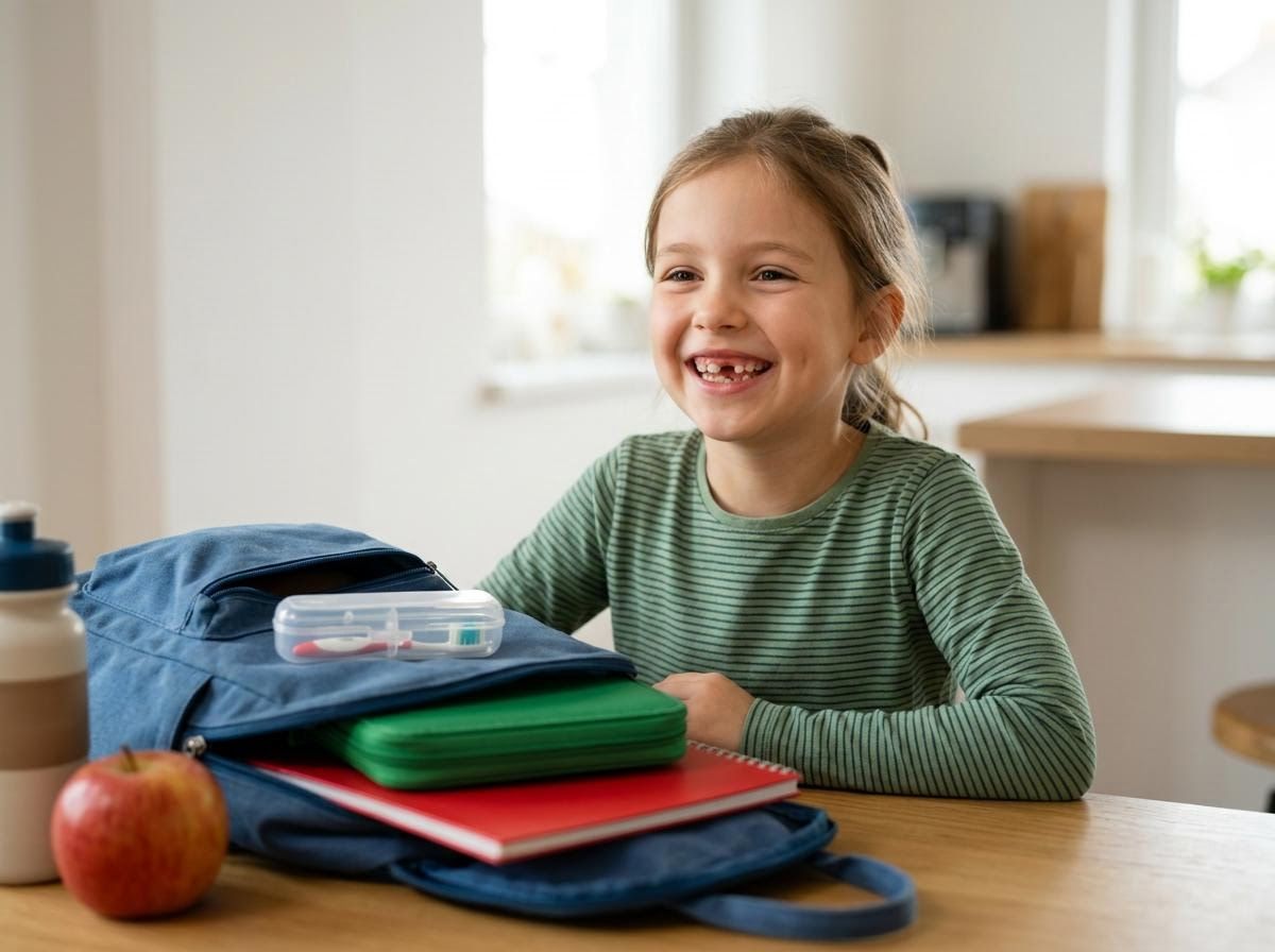 Happy Girl Preparing for School with Backpack and Supplies