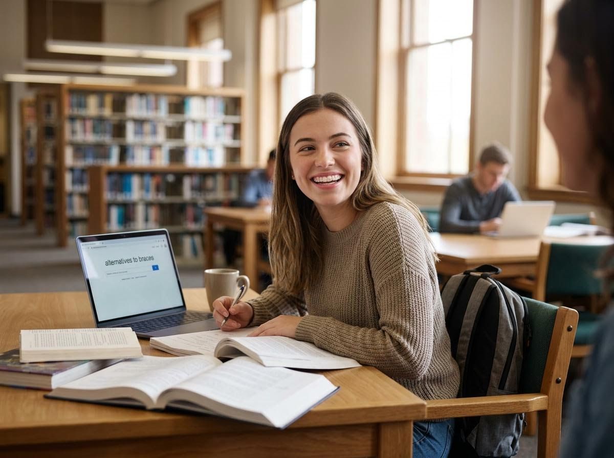 Smiling student researching 'alternatives to braces' in a library