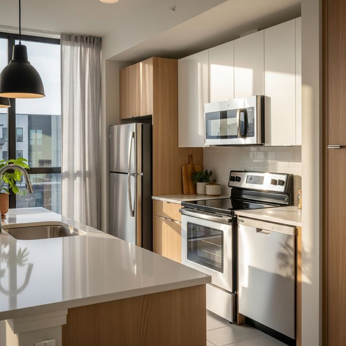 Sun shining into an apartment kitchen