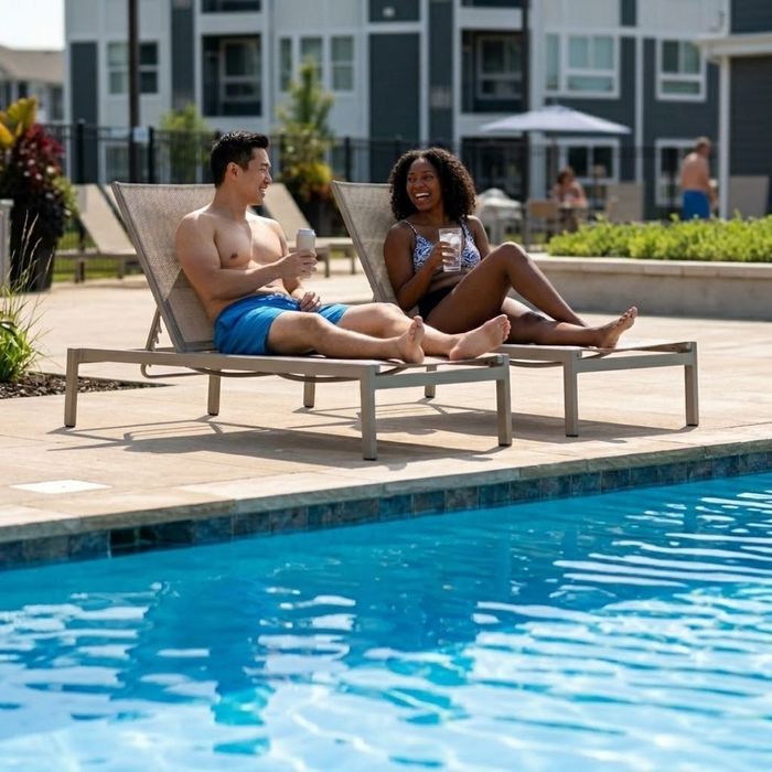 A couple relaxing and smiling on lounge chairs by a resort-style swimming pool.