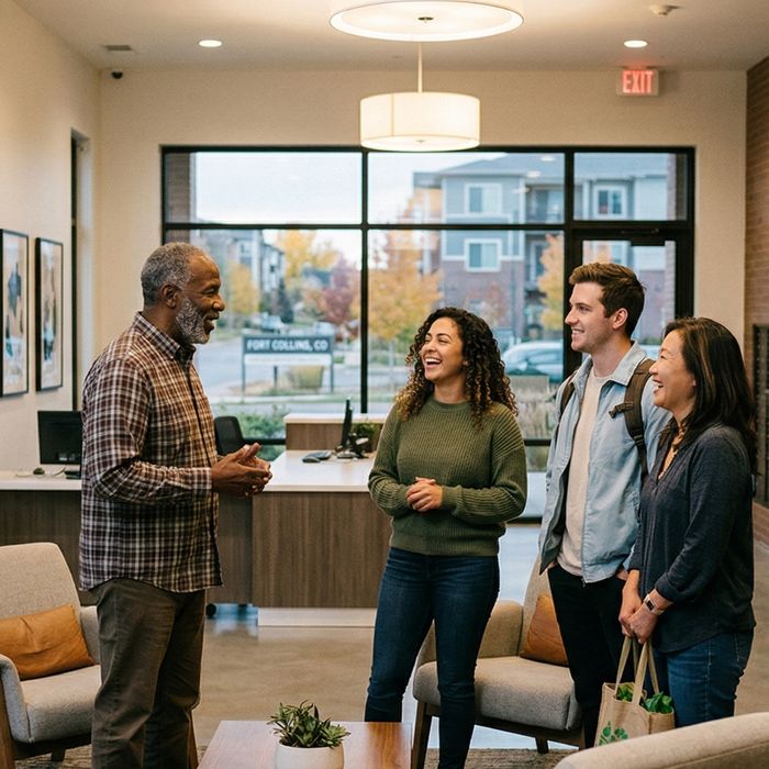 neighbors chatting in an apartment lobby