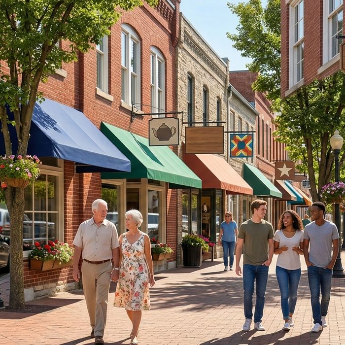 people walking along a Missouri shop walk on a sunny day