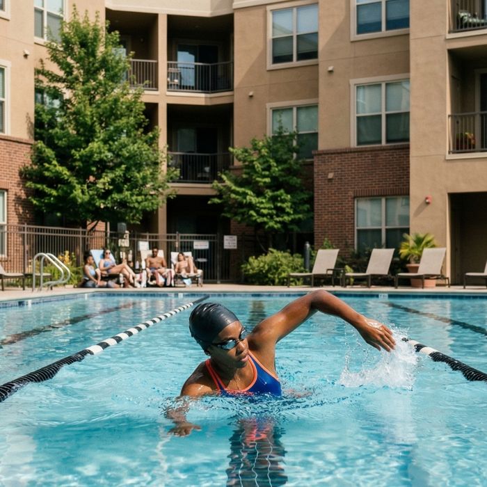 resident swimming laps in an apartment complex pool