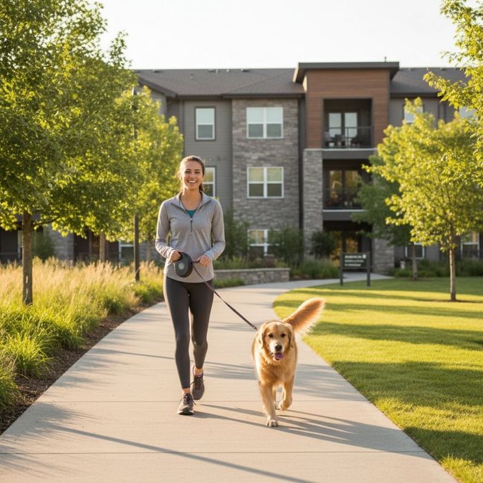 A resident enjoying a brisk walk with their dog on a sunny day, showcasing the pet-friendly environment.