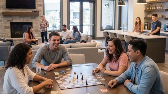 People socializing and enjoying themselves at the game tables in the clubhouse