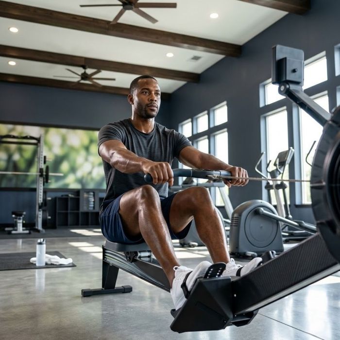 A man exercising on a rowing machine inside a bright, state-of-the-art fitness center.