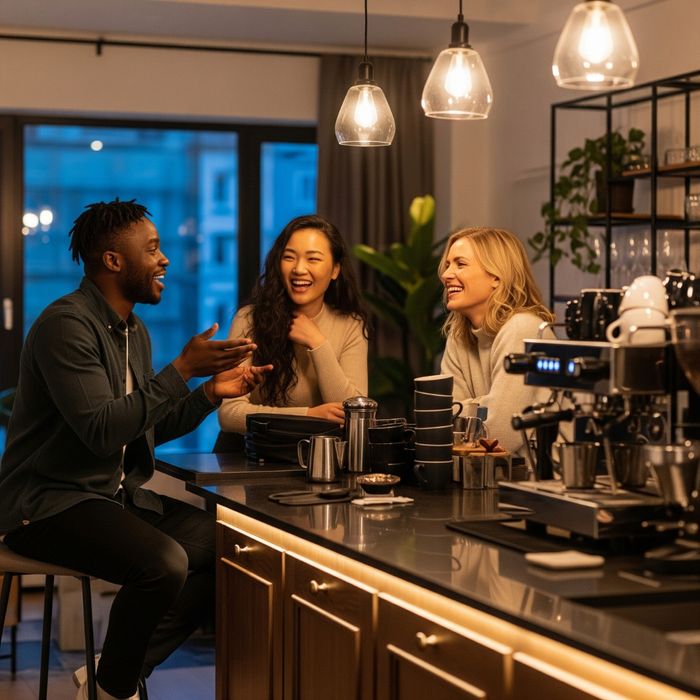 Group of friends laughing at a coffee bar