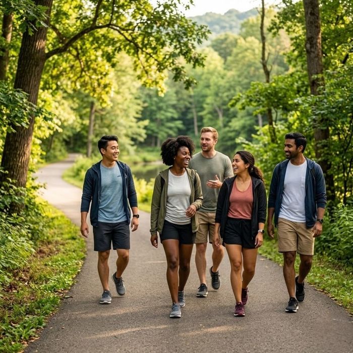 A diverse group of friends smiling and talking while walking along a scenic paved nature trail.