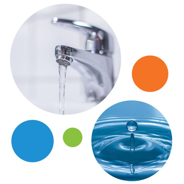 images of running faucet and water droplet