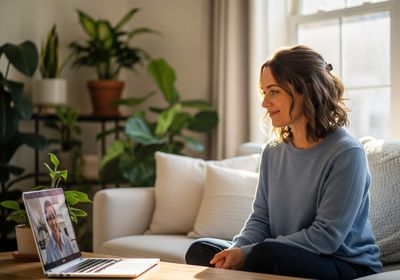 A woman sits comfortably in her sunlit living room, engaged in a video call on her laptop. The room is filled with lush green plants, creating a serene and inviting atmosphere. The laptop screen shows another person, suggesting a virtual meeting or a call with a friend or family member. Woman on Video Call at Home
