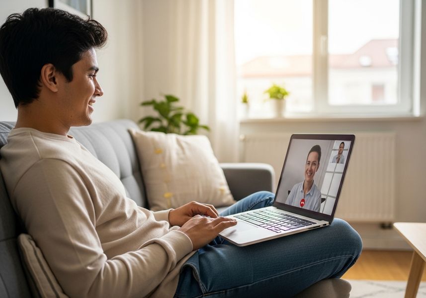 A smiling man is sitting on a gray sofa in a bright living room, having a video call on his laptop with two people on the screen. He is wearing a beige sweater and blue jeans, and he is looking at the screen with a happy expression. Man on Laptop Video Call at Home