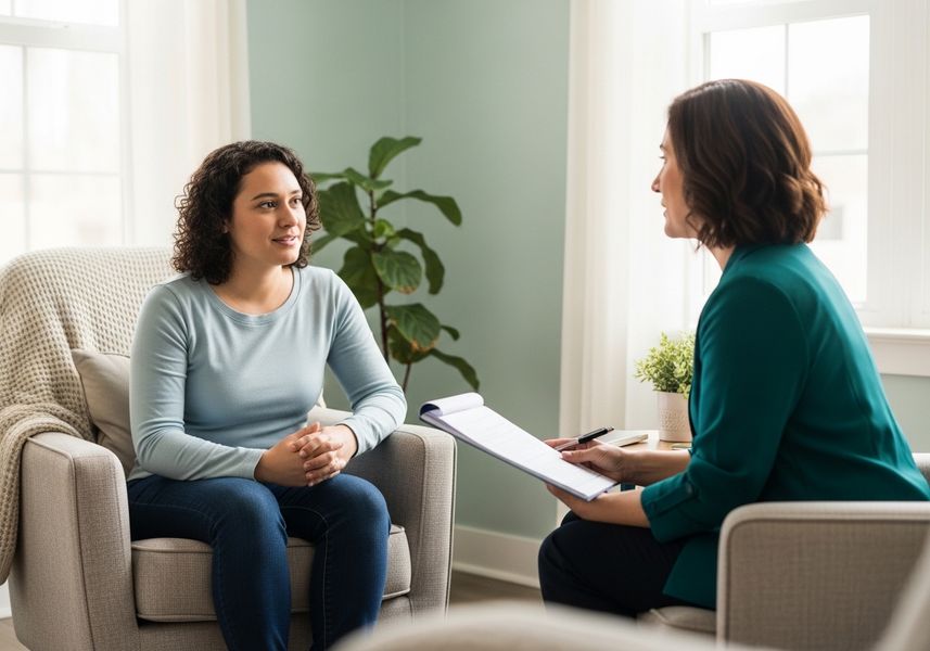A woman sits in a comfortable chair, engaged in a therapy session. Across from her, a therapist holds a notepad and pen, ready to listen and take notes. The setting is a calming and inviting room with soft natural light. Woman in Therapy Session