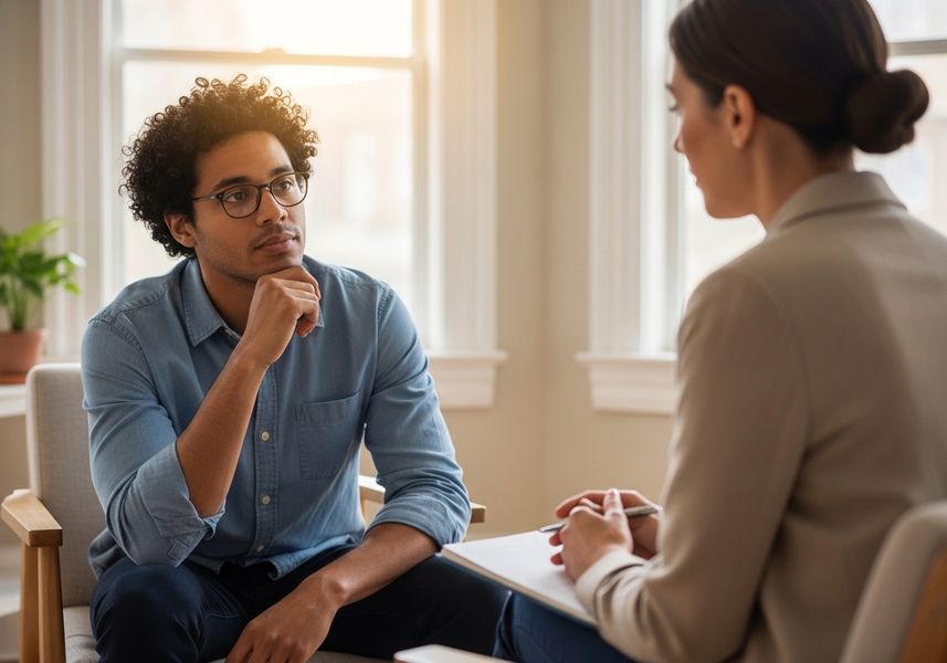 A young man with curly hair and glasses sits in a chair, resting his chin on his hand, looking thoughtfully at a therapist who is seated opposite him, holding a pen and clipboard in a light-filled room. Man in Therapy Session